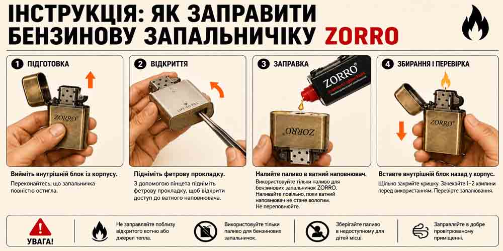 Как заправить зажигалку Zorro пошаговая инструкция